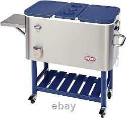 100SS 100-Quart Stainless Steel Rolling Party Wheeled Cooler Steel and Dark Blue