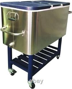 100SS 100-Quart Stainless Steel Rolling Party Wheeled Cooler Steel and Dark Blue