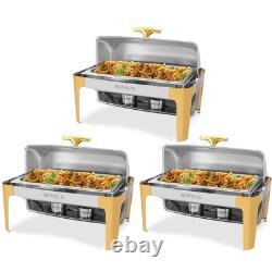 3 Packs Roll Top Chafing Dish Buffet Set Gold Accent NSF 9 Quart Stainless Steel