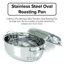 3-Ply Oval Roasting Pan, 8.5 Quart, Stainless Steel Kitchen Cookware with Met