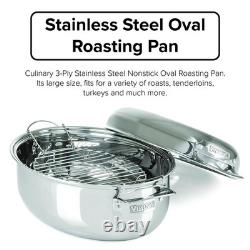 3-Ply Oval Roasting Pan, 8.5 Quart, Stainless Steel Kitchen Cookware with Met
