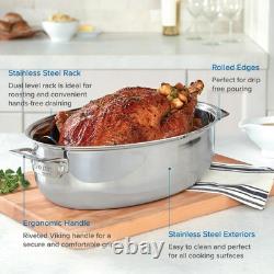 3-Ply Oval Roasting Pan, 8.5 Quart, Stainless Steel Kitchen Cookware with Met