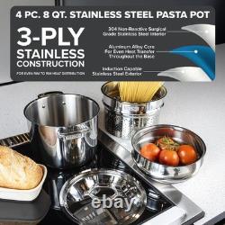 3-Ply Stainless Steel Pasta Pot with Lid, 8 Quart, 4 Piece Multipot Kitchen C