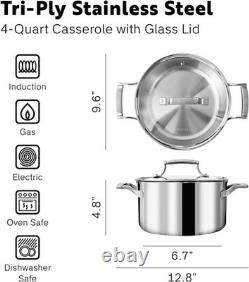 4 Quart Stainless Steel Pot with Lid Fully Clad Tri Ply Stock Pot/Casserole