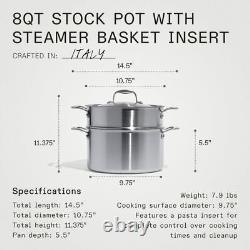 8 Quart Stainless Steel Stock Pot With Steamer Basket Insert-5 Ply StainlessClad