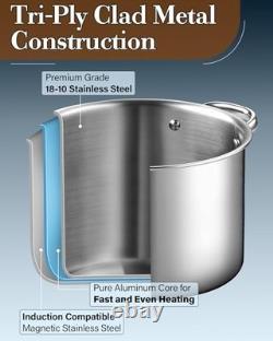 8 Quart Stainless Steel Stockpot Tri-Ply Clad Soup Pot, Induction Ready, Heavy