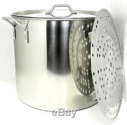 80 Qt Quart Stainless Steel Beer Brew Stock Pot Kettle Tamale Steamer Rack Lid