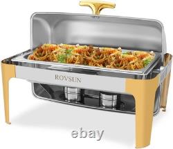 9 Quart Stainless Steel Chafing Dish Set Gold Accent Roll Top Rectangular