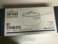 All Clad 3 Qt Quart Sauce pan D3 Stainless Steel NIB w lid & warranty Made/USA