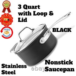 B1 Hard Anodized Nonstick Saucepan Stainless Steel Handle With Glass Lid 3 Quart