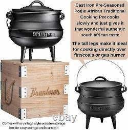 Bruntmor Pre-Seasoned Cast Iron Potjie African Pot With Wooden Crate 7-Quart