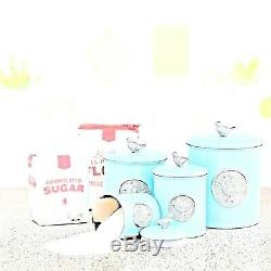 Canister Set Bird Blue Kitchen Counter Top Storage Containers Flour Sugar Coffee