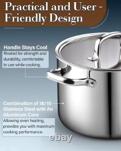 Cook N Home Stainless Steel Stockpot 8 Quart, Tri-Ply Clad 8 Quarts, Silver
