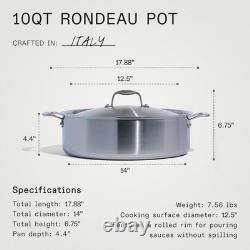 Cookware 10 Quart Stainless Steel Rondeau Pot WithLid 5 Ply Stainless Clad P