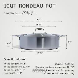 Cookware 10 Quart Stainless Steel Rondeau Pot withLid 5 Ply Stainless Clad