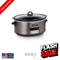 Elegant 8-Quart Programmable Slow Cooker with Auto Warm Black Stainless Steel