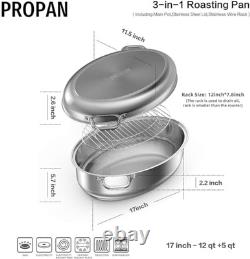 Roasting Pan with Rack and Lid 12 Quart, 18/10 Stainless Steel Multi 17 inch