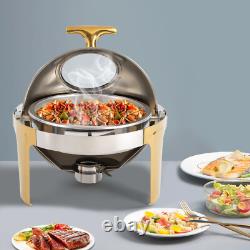 Roll Top Chafing Dish Buffet Set Gold Accent 6.3 Quart Round Stainless Steel
