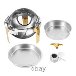 Roll Top Chafing Dish Buffet Set Gold Accent 6.3 Quart Round Stainless Steel