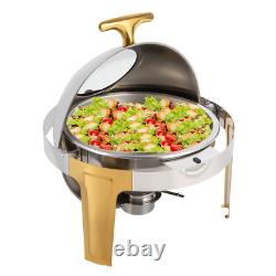 Roll Top Chafing Dish Buffet Set Gold Accent 6.3 Quart Round Stainless Steel