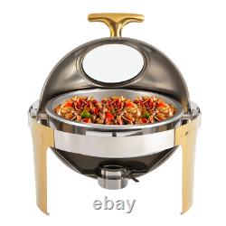 Roll Top Chafing Dish Buffet Set Gold Accent 6.3 Quart Round Stainless Steel