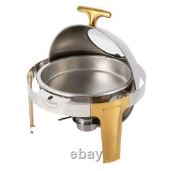 Roll Top Chafing Dish Buffet Set Gold Accent 6.3 Quart Round Stainless Steel