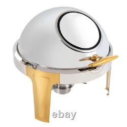 Roll Top Chafing Dish Buffet Set Gold Accent 6.3 Quart Round Stainless Steel