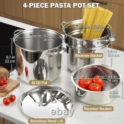 Stainless Steel 12 Quart Pasta Pot Set with Strainer Insert & Lid 4 Pieces