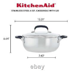 Stainless Steel Induction Casserole with Lid, 4 Quart, Brushed Stainless Steel