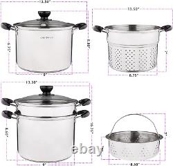 Stainless Steel Pasta Pot with Strainer Insert 4Pc 10 Quart, Steamer for Cooking