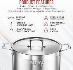 Stockpot 16 Quart Brushed Stainless Steel Heavy Duty Induction Pot with Li