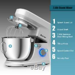 Tilt-Head Stand Mixer 7.5 Quart 6 Speed 660W withDough Hook, Whisk & Beater Silver