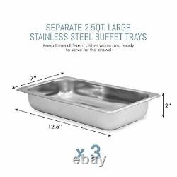 Triple Tray, 7.5 Quart, Stainless Steel Buffet Server Food Warmer Clear Lids for