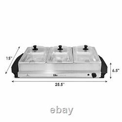 Triple Tray, 7.5 Quart, Stainless Steel Buffet Server Food Warmer Clear Lids for