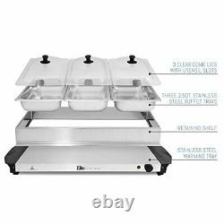 Triple Tray, 7.5 Quart, Stainless Steel Buffet Server Food Warmer Clear Lids for