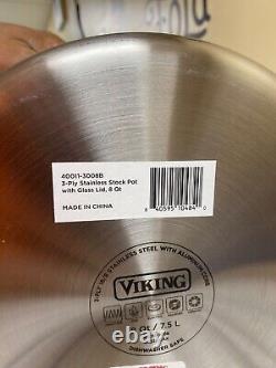 VIKING 3-Ply Stainless Steel 8Qt/7.5 Lt Stockpot /Soup Pot & Glass Lid Pro/NEW