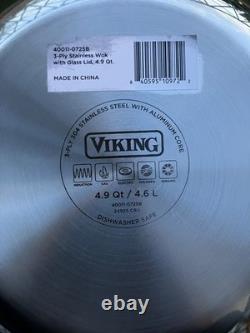 Viking Professional 3-Ply Stainless Steel Wok 4.9 Qt Quart Glass Lid Chefs Pan