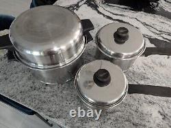 Vintage 3 Lifetime T304 Stainless Steel Pans Pots + Lids 6 Pcs 6 3 & 2 Qt 1 Dome