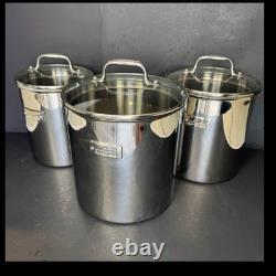 3 récipients en acier inoxydable All Clad avec couvercles en verre, joint étanche, 3, 4, 5 quarts, en très bon état