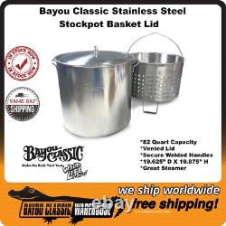 Bayou Classic Marmite en acier inoxydable de 82 quarts avec couvercle et panier vapeur 1192