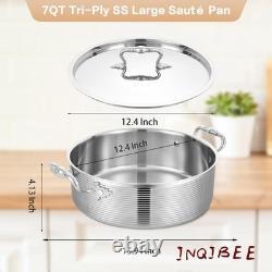 Casserole Rondeau en Acier Inoxydable à Triple Épaisseur de 7 Quart avec Couvercle, Poêle à Braiser de 12 pouces