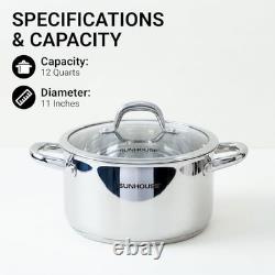 Casserole à bouillon en acier inoxydable 12 quarts avec couvercle, entièrement gainée 12 quarts