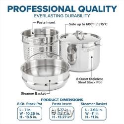 Casserole à pâtes en acier inoxydable 3 couches avec couvercle, 8 quarts, ensemble de 4 pièces pour cuisine