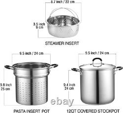 Casserole à pâtes en acier inoxydable 4 pièces avec vapeur, 12 quarts, argent