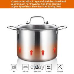 Casserole de 8 quarts en acier inoxydable à trois couches, compatible avec tous les types de cuisinières jusqu'à 600 degrés Fahrenheit.