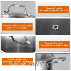 Casserole de 8 quarts en acier inoxydable à trois couches, compatible avec tous les types de cuisinières jusqu'à 600 degrés Fahrenheit.