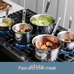 Casserole en acier inoxydable D3 2 quart avec couvercle, ustensiles de cuisson tri-ply compatibles induction