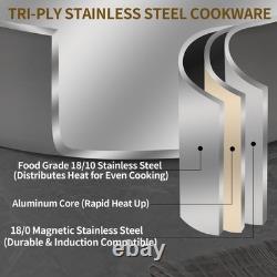 Casserole en acier inoxydable à trois couches de 6 quarts avec couvercle, pot Rondeau induction