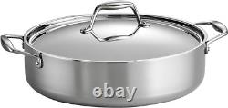 Casserole en acier inoxydable à trois couches de 6 quarts avec couvercle, prête pour l'induction, plat