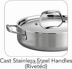 Casserole en acier inoxydable à trois couches de 6 quarts avec couvercle, prête pour l'induction, plat